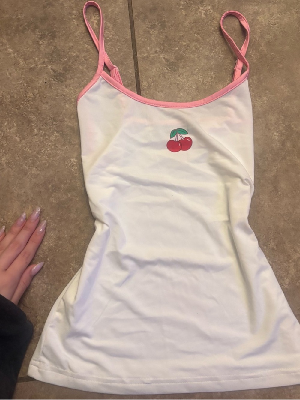 Dolls Kill White Tank Top with Pink Trim and Cherry Graphic